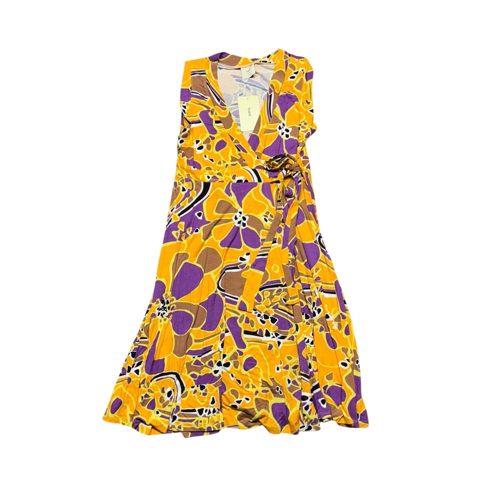 Toast Wrap Floral Dress Medium NWT Yellow Purple Sleeveless V-Neck Retro Boho